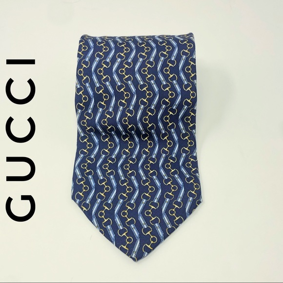 Vintage Gucci Blue Wavy Horsebit Silk Tie EUC - Picture 1 of 5